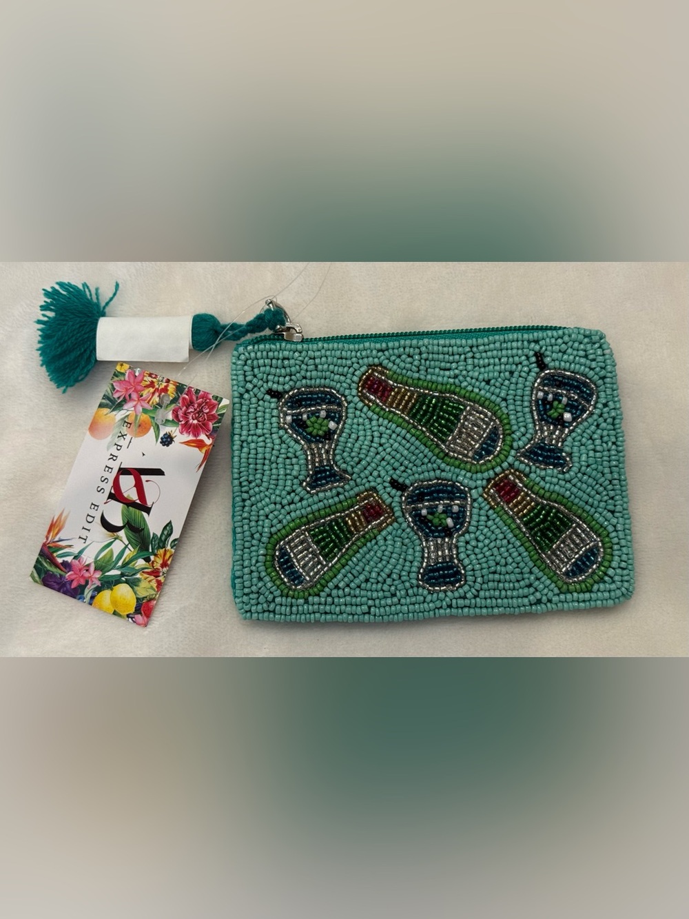 Express edit Teal handcrafted Beaded Champagne bottle pouch/wallet & Tassel NWT